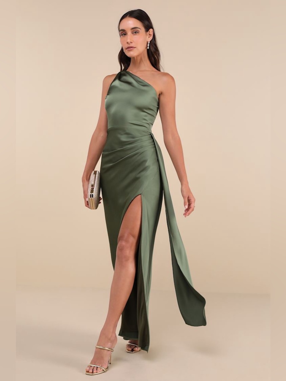 Lulus Signature Elegance Emerald Satin One-Shoulder Maxi Dress Size L NWT